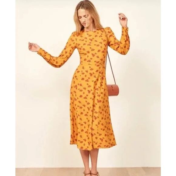 REFORMATION Josephine Midi Dress Floral Puff Long Sleeve Crew Neck Maxi, Amelia - Picture 1 of 15